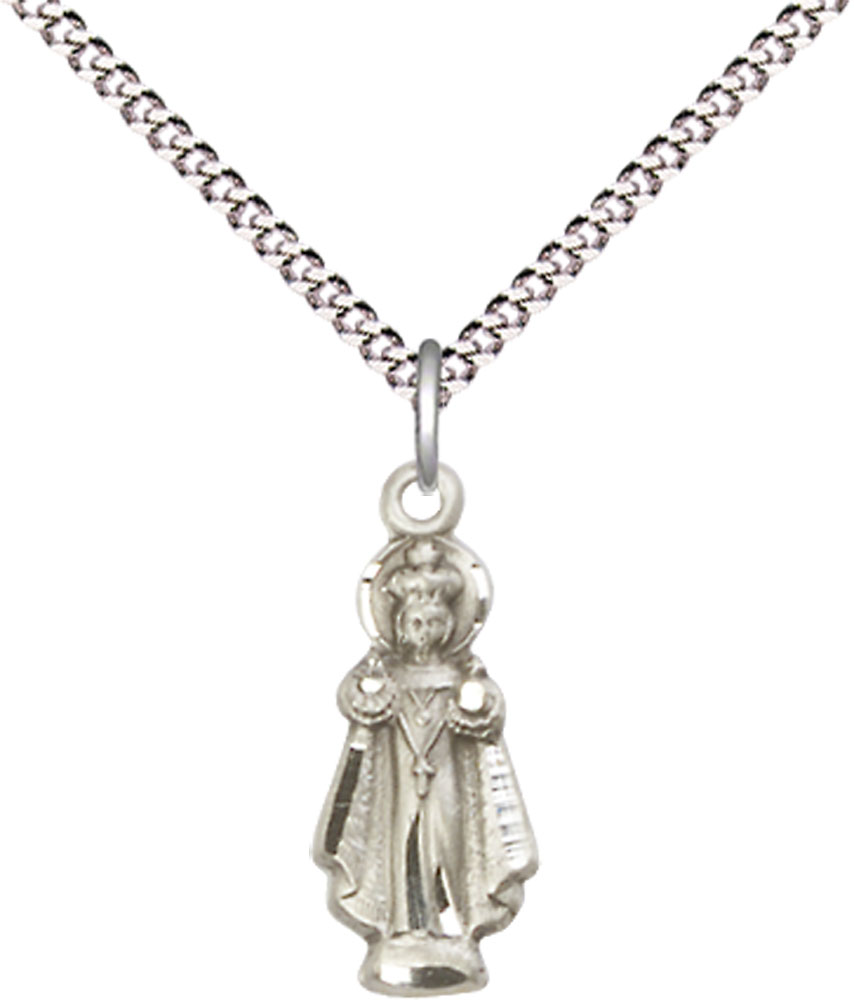 Sterling Silver Infant of Prague Pendant on a 18 inch Light Rhodium Light Curb chain