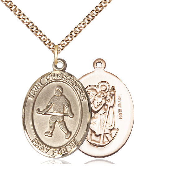 14kt Gold Filled Saint Christopher Field Hockey Pendant on a 24 inch Gold Filled Heavy Curb chain