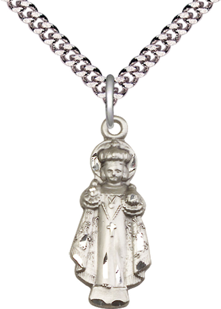 Sterling Silver Infant of Prague Pendant on a 24 inch Light Rhodium Heavy Curb chain