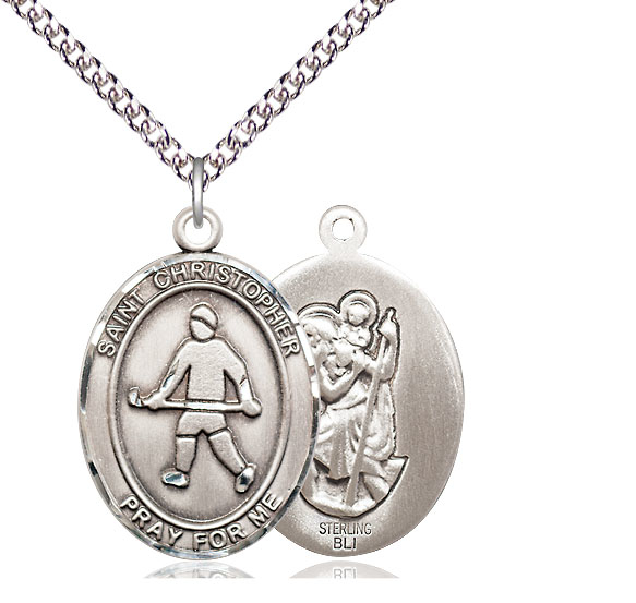 Sterling Silver Saint Christopher Field Hockey Pendant on a 24 inch Sterling Silver Heavy Curb chain