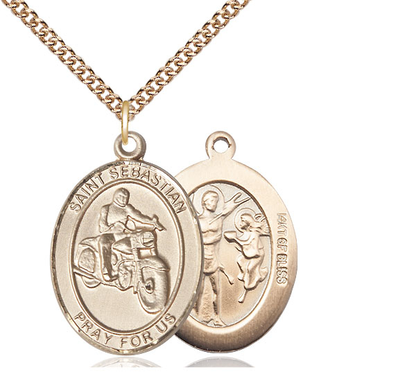 14kt Gold Filled Saint Sebastian Motorcycle Pendant on a 24 inch Gold Filled Heavy Curb chain