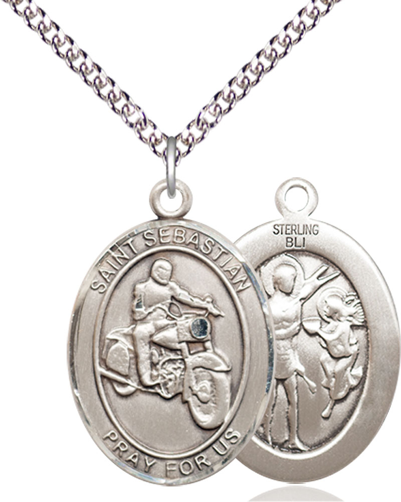 Sterling Silver Saint Sebastian Motorcycle Pendant on a 24 inch Sterling Silver Heavy Curb chain