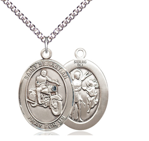 Sterling Silver Saint Sebastian Motorcycle Pendant on a 24 inch Sterling Silver Heavy Curb chain