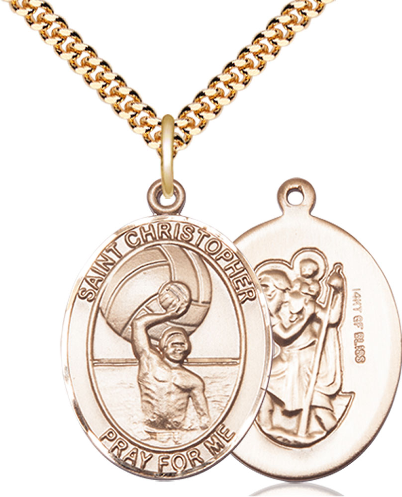 14kt Gold Filled Saint Christopher Water Polo-Men Pendant on a 24 inch Gold Plate Heavy Curb chain
