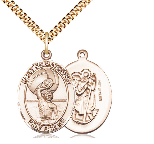 14kt Gold Filled Saint Christopher Water Polo-Men Pendant on a 24 inch Gold Plate Heavy Curb chain