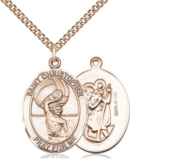 14kt Gold Filled Saint Christopher Water Polo-Men Pendant on a 24 inch Gold Filled Heavy Curb chain