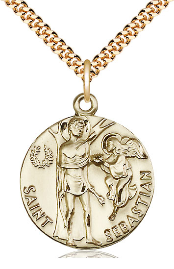 14kt Gold Filled Saint Sebastian Pendant on a 24 inch Gold Plate Heavy Curb chain