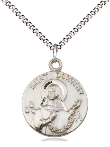 Sterling Silver Saint Dorothy Pendant on a 18 inch Light Rhodium Light Curb chain
