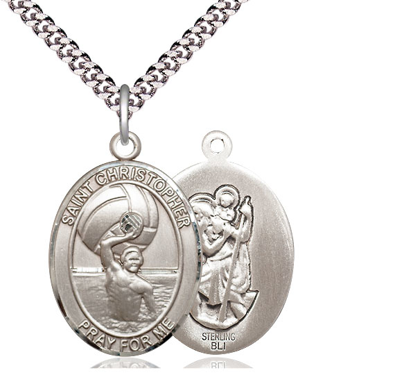 Sterling Silver Saint Christopher Water Polo-Men Pendant on a 24 inch Light Rhodium Heavy Curb chain