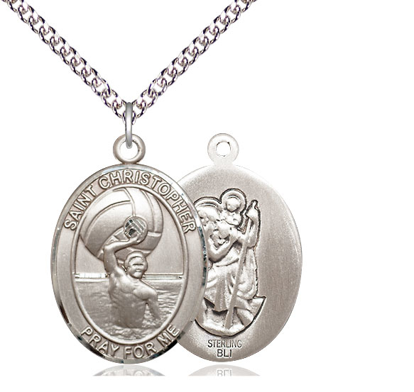 Sterling Silver Saint Christopher Water Polo-Men Pendant on a 24 inch Sterling Silver Heavy Curb chain