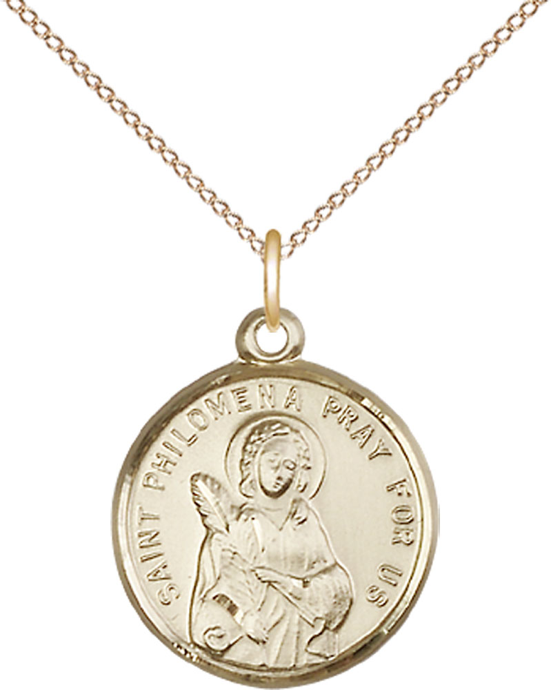 14kt Gold Filled Saint Philomena Pendant on a 18 inch Gold Filled Light Curb chain