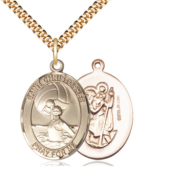 14kt Gold Filled Saint Christopher Water Polo-Women Pendant on a 24 inch Gold Plate Heavy Curb chain