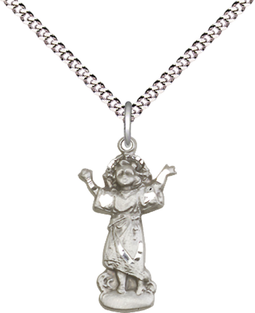 Sterling Silver Divino Nino Pendant on a 18 inch Light Rhodium Light Curb chain