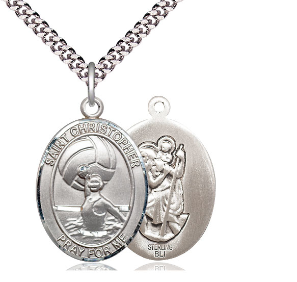 Sterling Silver Saint Christopher Water Polo-Women Pendant on a 24 inch Light Rhodium Heavy Curb chain