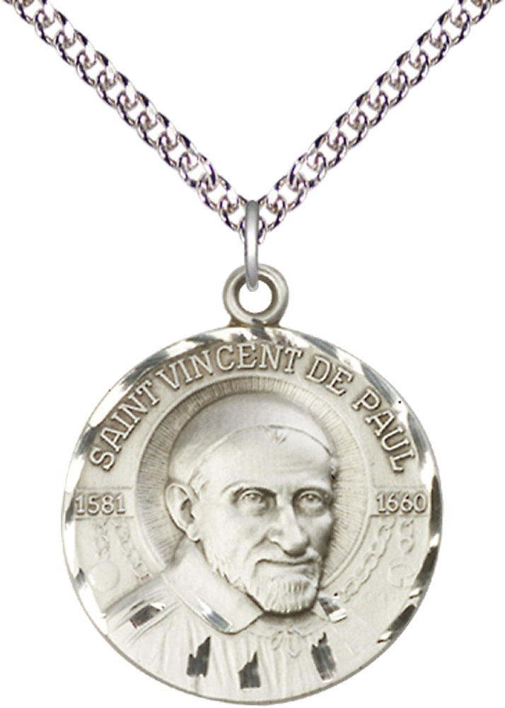 Sterling Silver Saint Vincent de Paul Pendant on a 24 inch Sterling Silver Heavy Curb chain