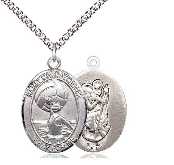 Sterling Silver Saint Christopher Water Polo-Women Pendant on a 24 inch Sterling Silver Heavy Curb chain