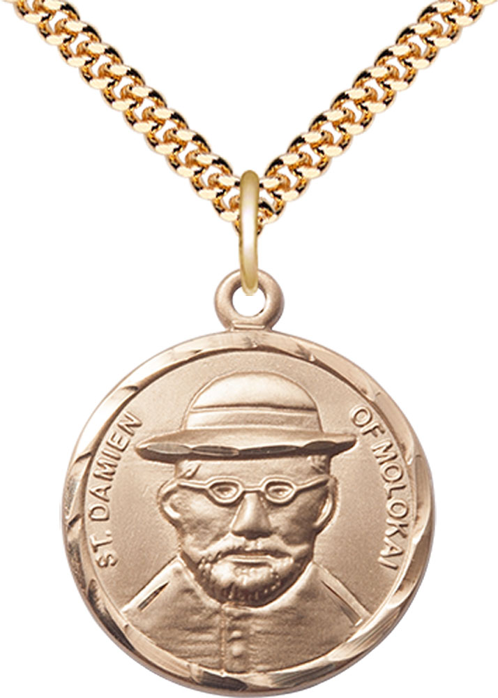 14kt Gold Filled Saint Damien of Molokai Pendant on a 24 inch Gold Plate Heavy Curb chain