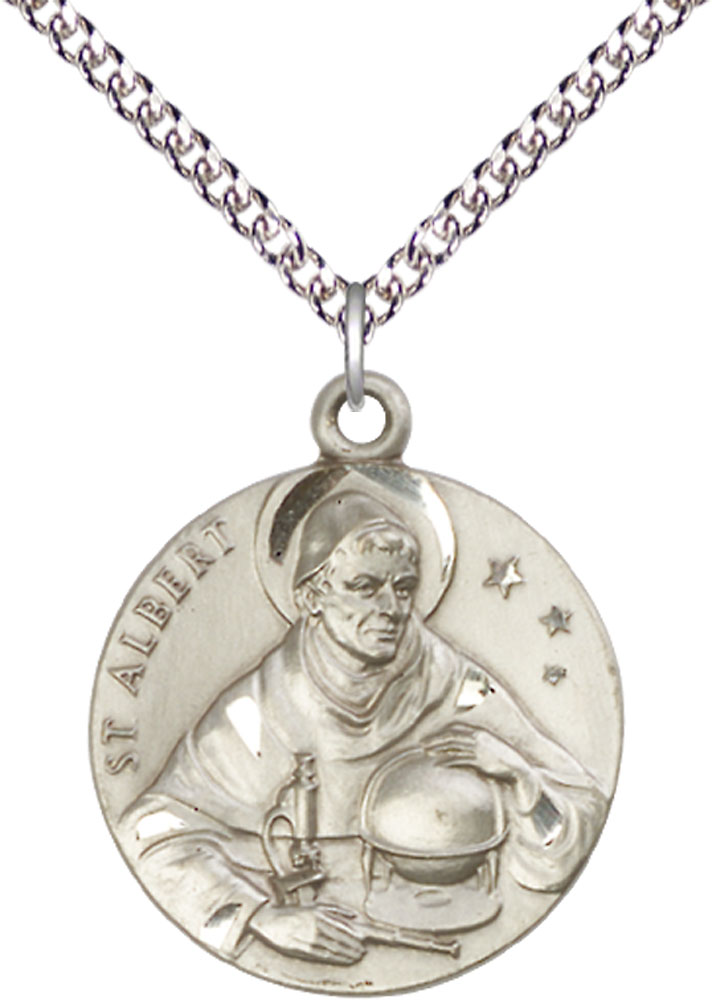 Sterling Silver Saint Albert the Great Pendant on a 24 inch Sterling Silver Heavy Curb chain