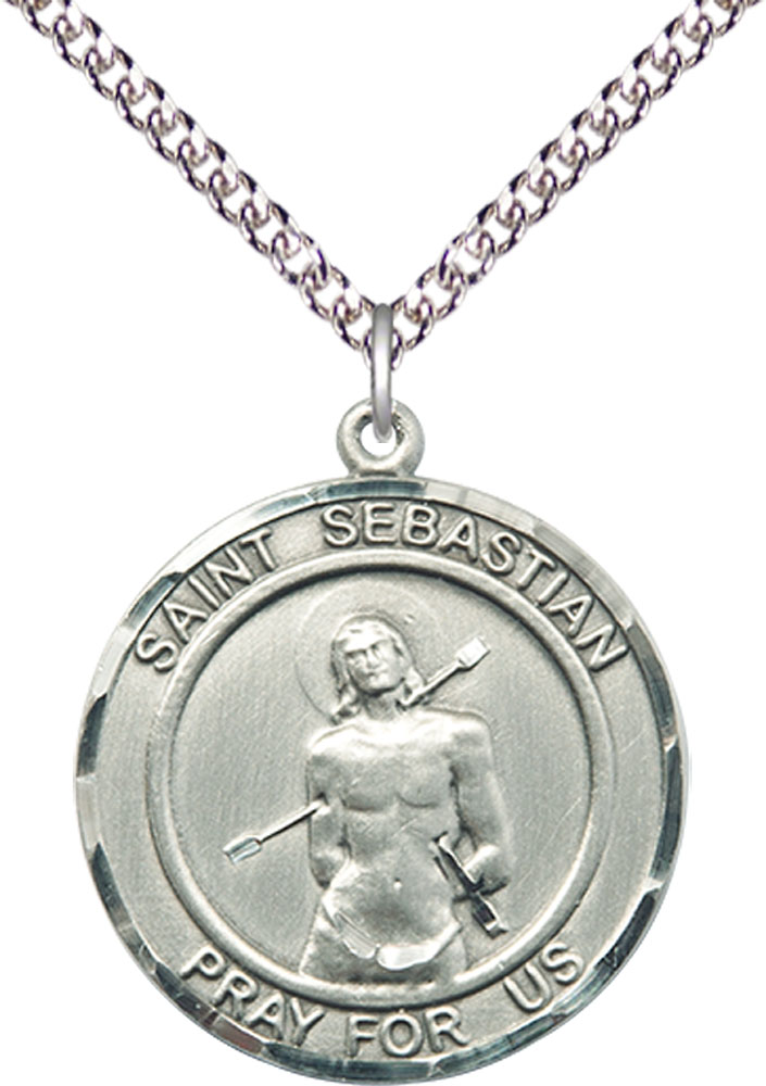 Sterling Silver Saint Sebastian Pendant on a 24 inch Sterling Silver Heavy Curb chain