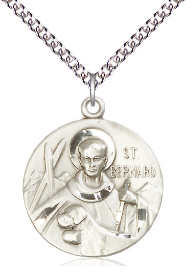 Sterling Silver Saint Bernard of Monjoux Pendant on a 24 inch Sterling Silver Heavy Curb chain