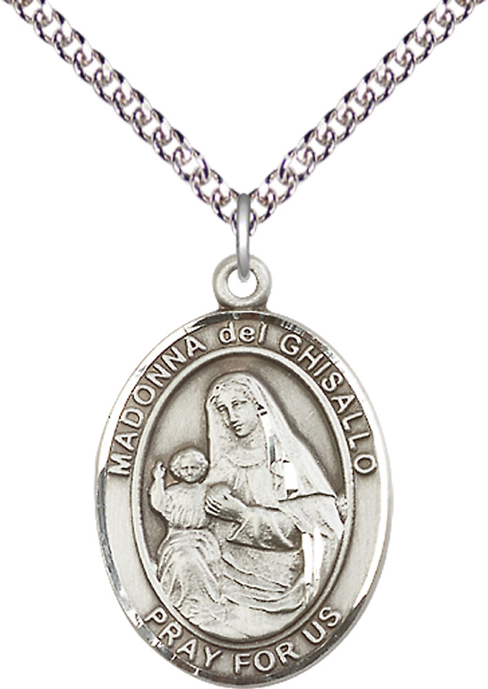 Sterling Silver Saint Madonna Del Ghisallo Pendant on a 24 inch Sterling Silver Heavy Curb chain