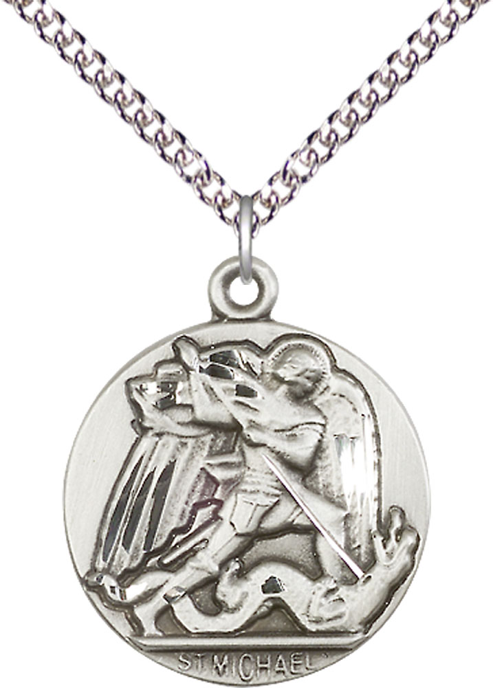 Sterling Silver Saint Michael the Archangel Pendant on a 24 inch Sterling Silver Heavy Curb chain