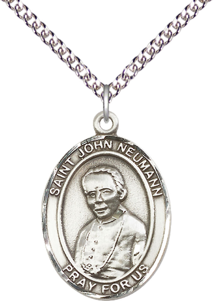 Sterling Silver Saint John Neumann Pendant on a 24 inch Sterling Silver Heavy Curb chain