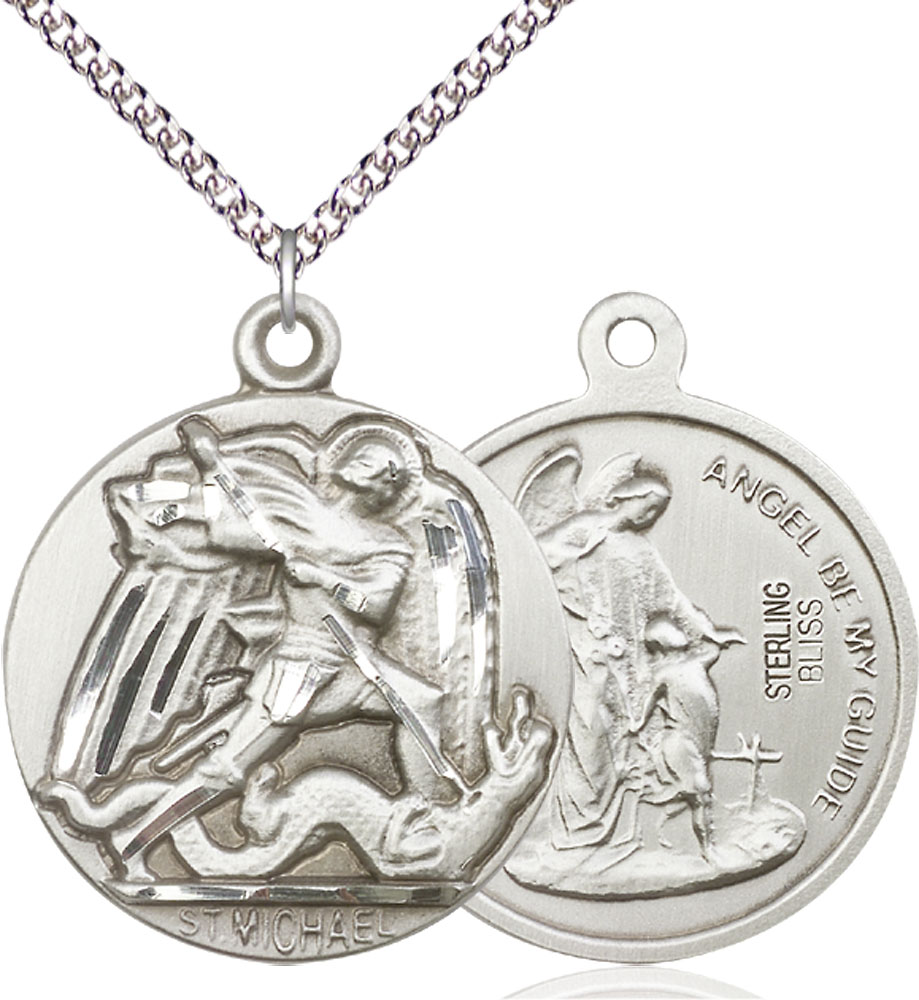 Sterling Silver Saint Michael the Archangel Pendant on a 24 inch Sterling Silver Heavy Curb chain