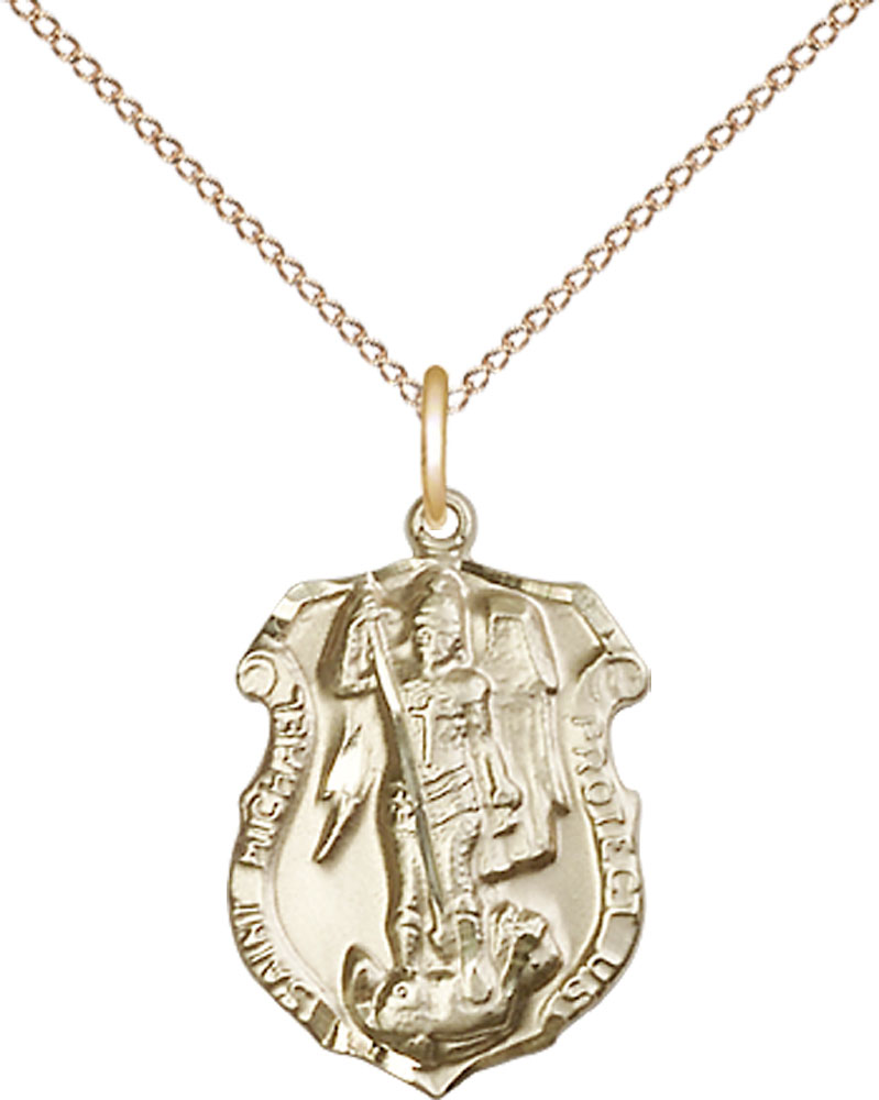 14kt Gold Filled Saint Michael the Archangel Shield Pendant on a 18 inch Gold Filled Light Curb chain
