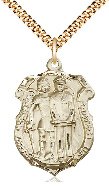 14kt Gold Filled Saint Michael the Archangel Police Shield Pendant on a 24 inch Gold Plate Heavy Curb chain