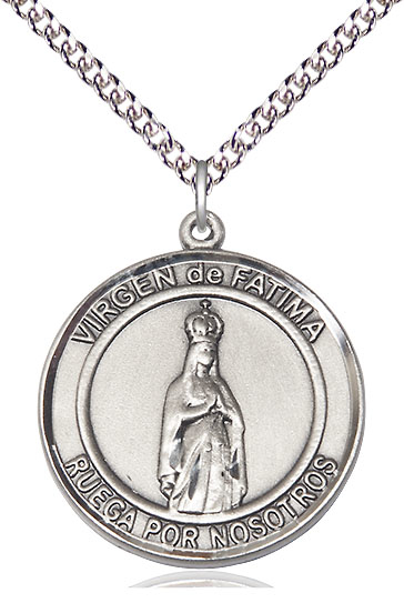 Sterling Silver Virgen de Fatima Pendant on a 24 inch Sterling Silver Heavy Curb chain