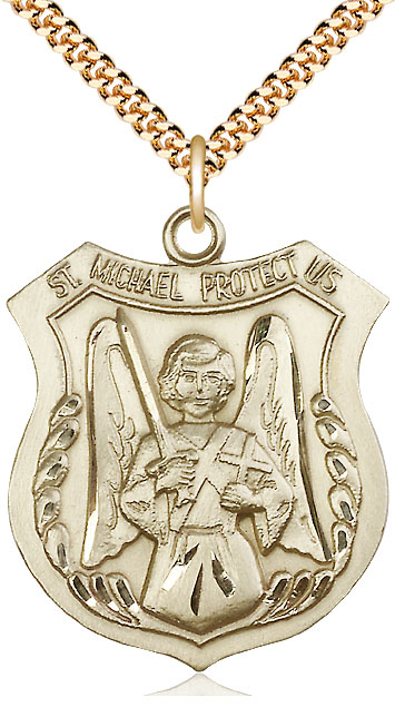 14kt Gold Filled Saint Michael the Archangel Pendant on a 24 inch Gold Plate Heavy Curb chain