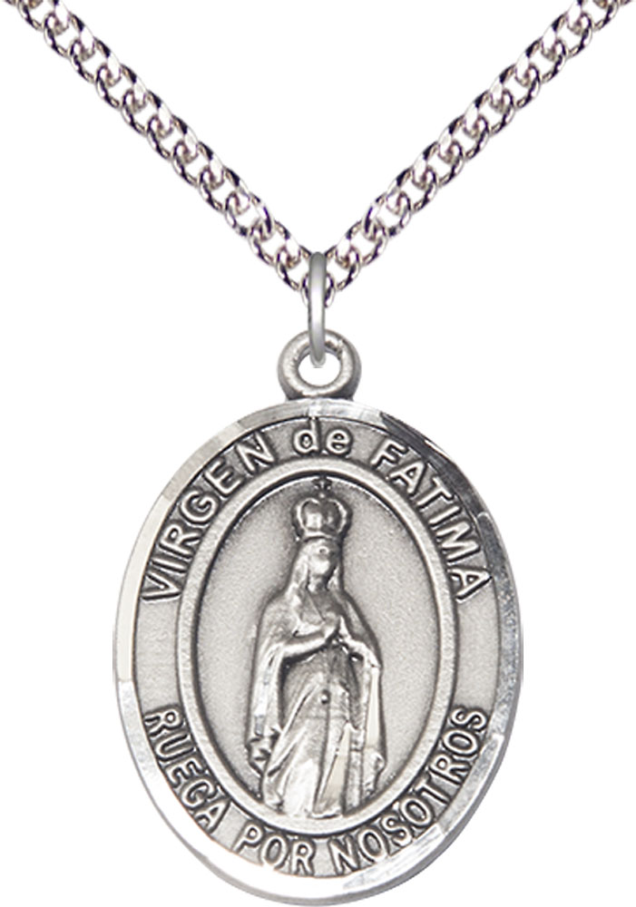Sterling Silver Virgen de Fatima Pendant on a 24 inch Sterling Silver Heavy Curb chain