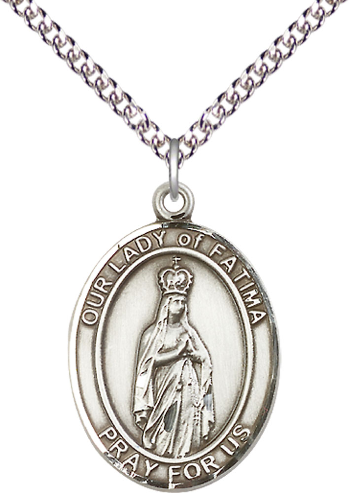 Sterling Silver Our Lady of Fatima Pendant on a 24 inch Sterling Silver Heavy Curb chain