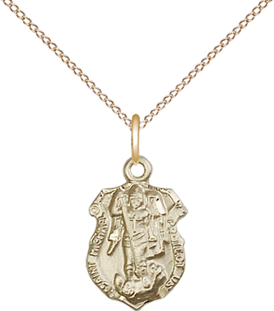 14kt Gold Filled Saint Michael the Archangel Shield Pendant on a 18 inch Gold Filled Light Curb chain