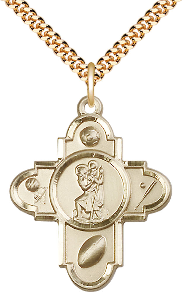 14kt Gold Filled Sports 5-Way St Christopher Pendant on a 24 inch Gold Plate Heavy Curb chain