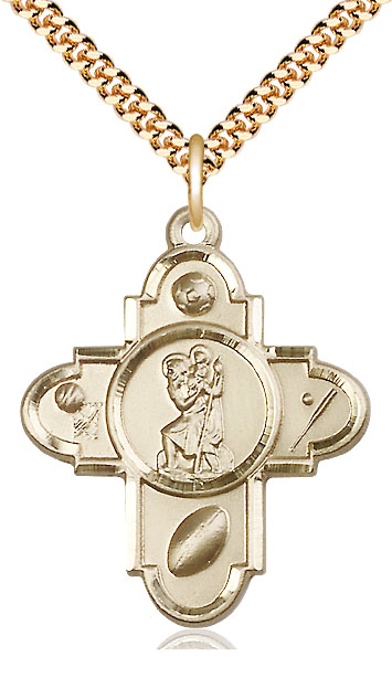 14kt Gold Filled Sports 5-Way St Christopher Pendant on a 24 inch Gold Plate Heavy Curb chain