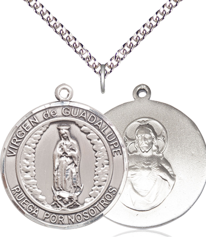 Sterling Silver Virgen de Guadalupe Pendant on a 24 inch Sterling Silver Heavy Curb chain