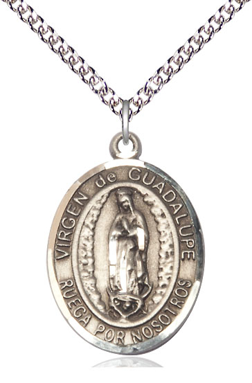 Sterling Silver Virgen de Guadalupe Pendant on a 24 inch Sterling Silver Heavy Curb chain