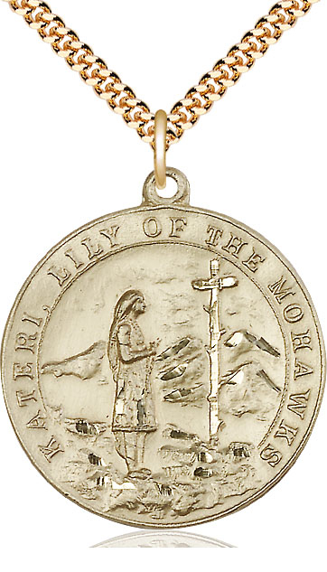 14kt Gold Filled Saint Kateri Pendant on a 24 inch Gold Plate Heavy Curb chain