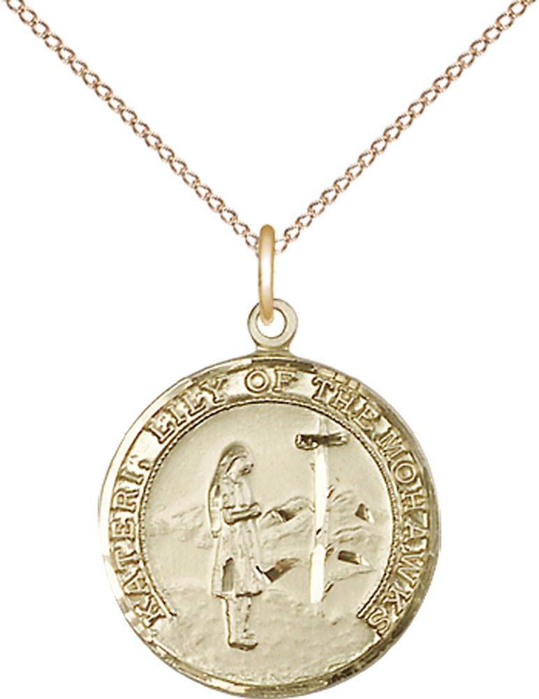 14kt Gold Filled Saint Kateri Pendant on a 18 inch Gold Filled Light Curb chain