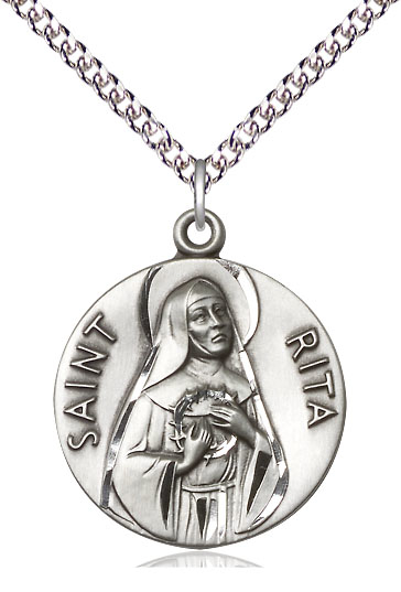 Sterling Silver Saint Rita of Cascia Pendant on a 24 inch Sterling Silver Heavy Curb chain