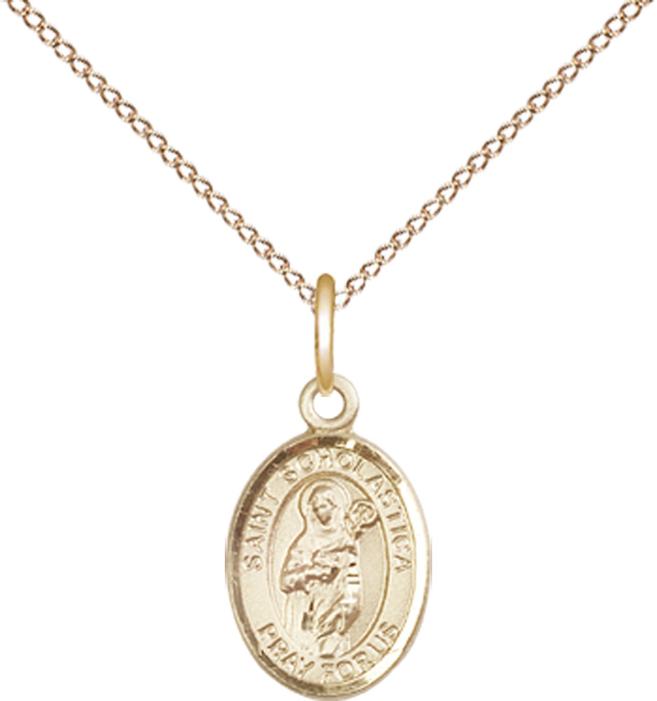 14kt Gold Filled Saint Scholastica Pendant on a 18 inch Gold Filled Light Curb chain