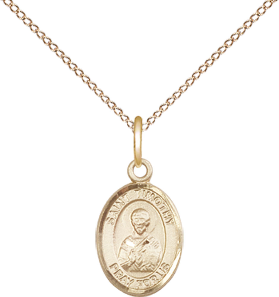 14kt Gold Filled Saint Timothy Pendant on a 18 inch Gold Filled Light Curb chain