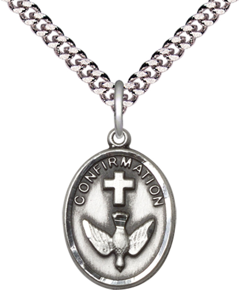 Sterling Silver Confirmation Pendant on a 24 inch Light Rhodium Heavy Curb chain