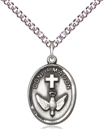 Sterling Silver Confirmation Pendant on a 24 inch Sterling Silver Heavy Curb chain