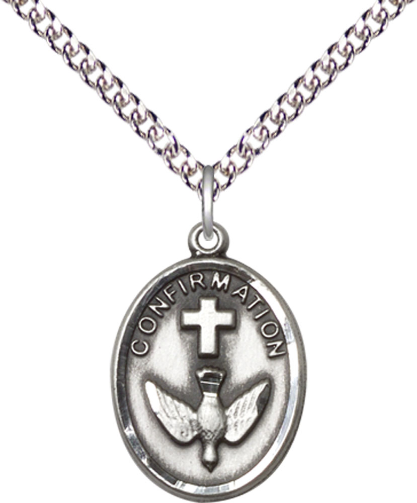 Sterling Silver Confirmation Pendant on a 24 inch Sterling Silver Heavy Curb chain