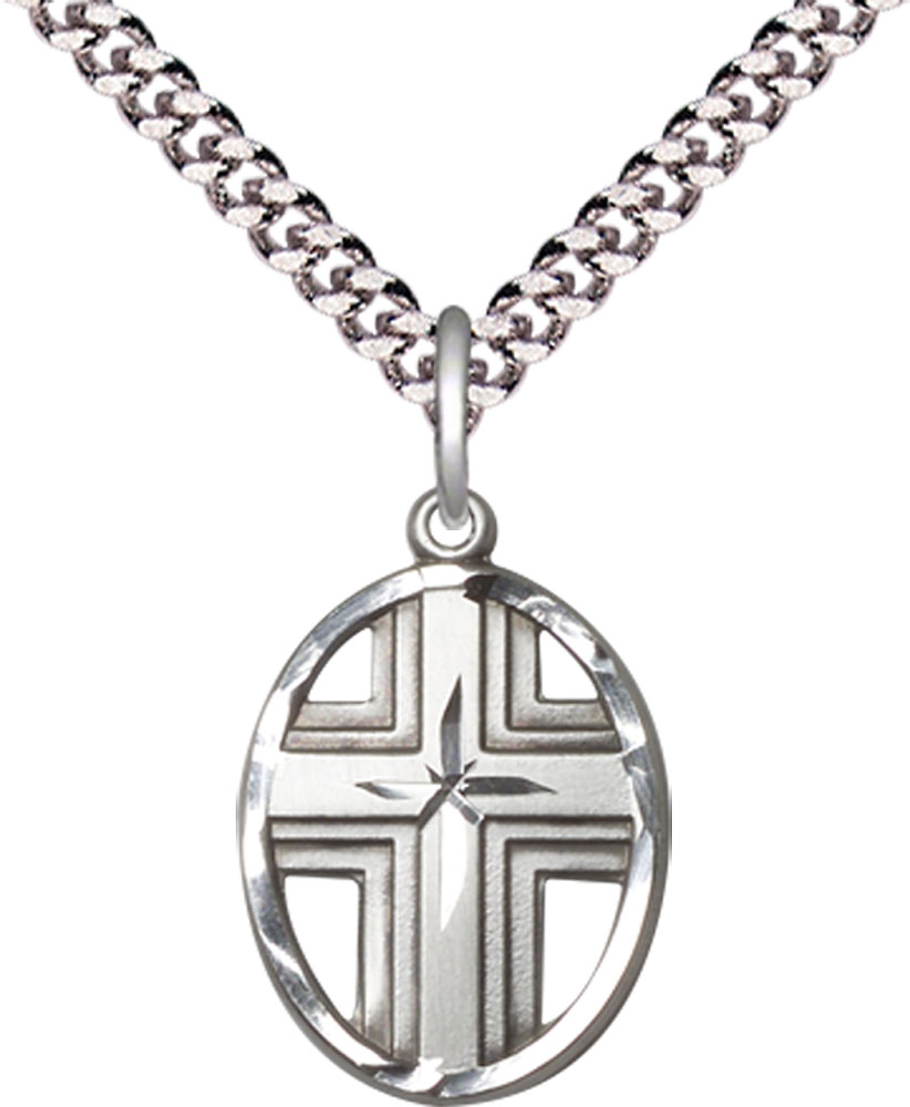 Sterling Silver Cross Pendant on a 24 inch Light Rhodium Heavy Curb chain