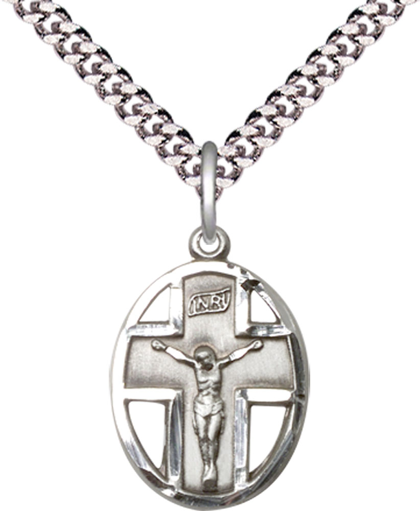 Sterling Silver Crucifix Pendant on a 24 inch Light Rhodium Heavy Curb chain