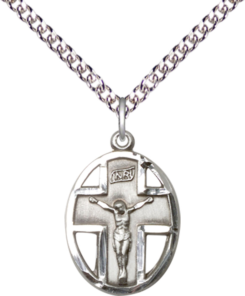 Sterling Silver Crucifix Pendant on a 24 inch Sterling Silver Heavy Curb chain